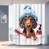 1Pc Adorable Dachshund Shower Curtain With Blue Beanie & Soap Design - Easy To Install, Durable Polyester, 12 Plastic Hooks,