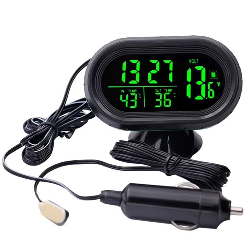 ABNO-Auto Digital 4 In 1 DC 12V Car Thermometer With Time Date Dual Temperature LED Display Monitor Featuring Backlight