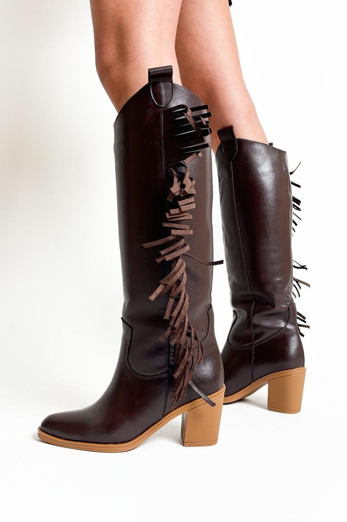 Women Modern Stylish Fashion Boots Genuine Leather Brown Genuine Leather Thick Heel Tassel Western Cowboy Boots