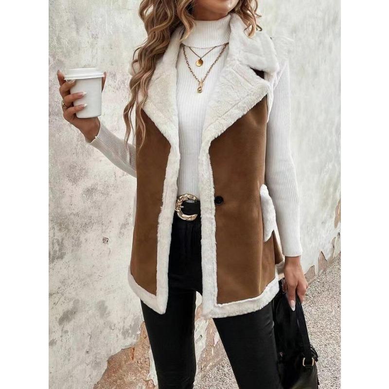 

Женский модный жилет, жилет из овчины, средней длины, без рукавов, женский M хаки