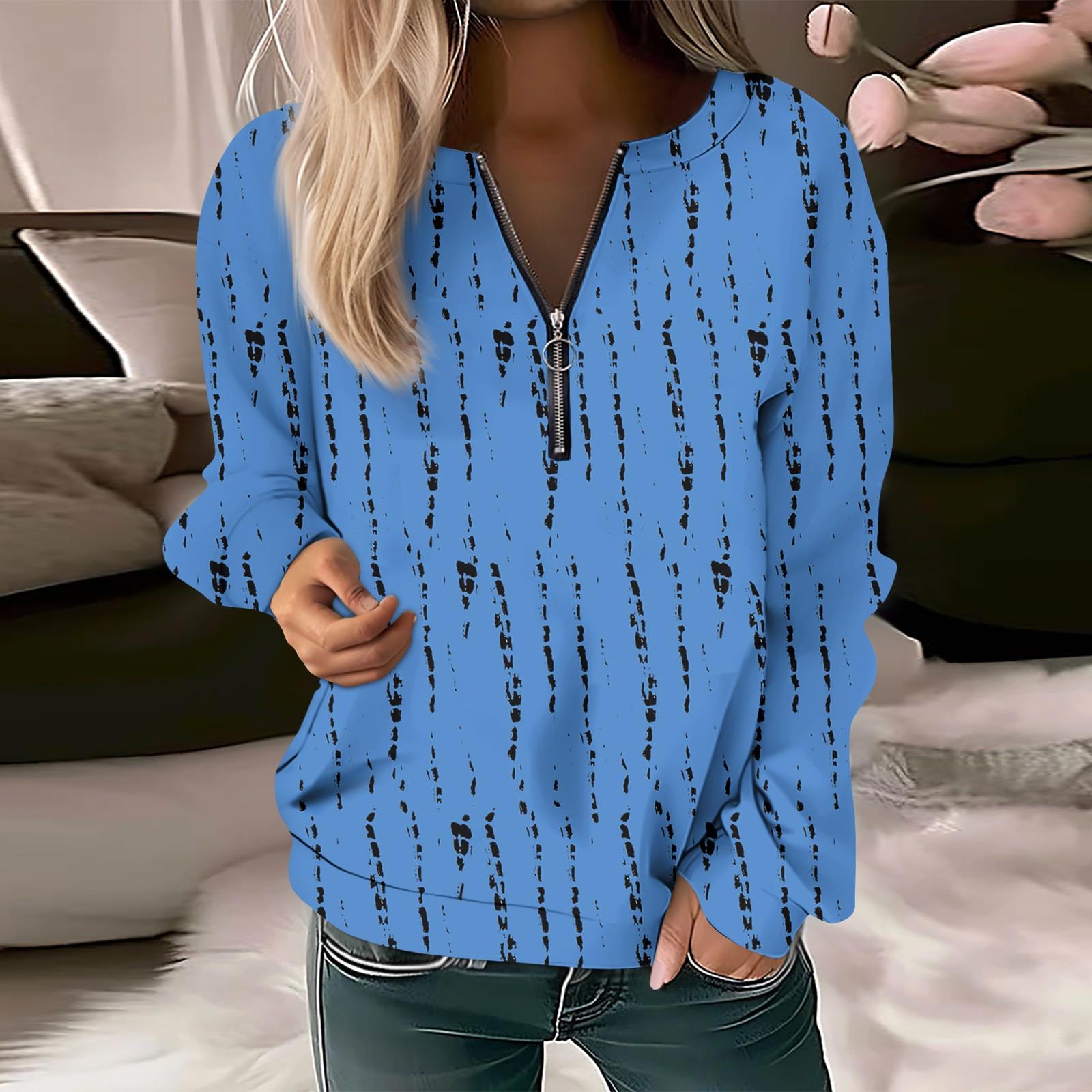 Женский повседневный свитер с длинным рукавом, на молнии, с принтом цветов, свитшот, повседневная верхняя одежда на осень L синий