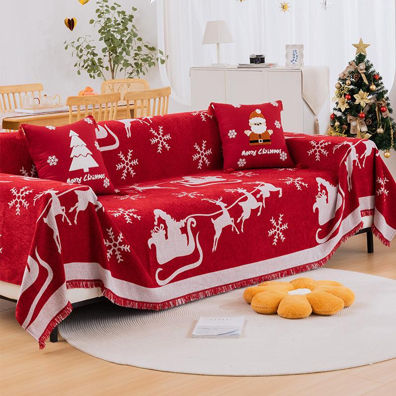 Christmas Sofa Cover Throw Blanket Red Snowflake Santa Chenille Sofa Towel Universal Furniture Protector with Tassels Xmas Home Decor for Living Room