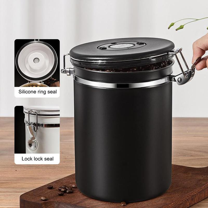 1.2 1.5 1.8L Coffee Bean Jar Airtight Canister Sealed Stainless Steel With Spoon One Way Valve Cannister Coffee Storage Kitchen
