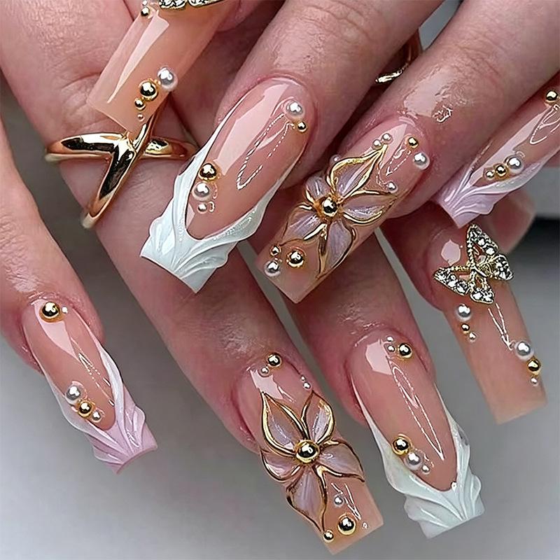 24-Piece Pink French Medium Tube Nail Tips with 3D Flowers & Leopard Print