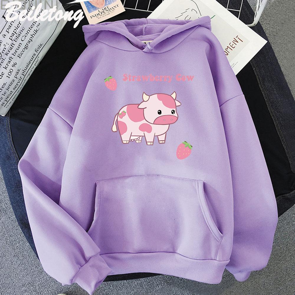 Cow and Strawberry Kawaii Hoodies Casual Pullover Loose Sweatshirt Aesthetic Clothes for Women Funny Sudadera Mujer Blue Cartoon