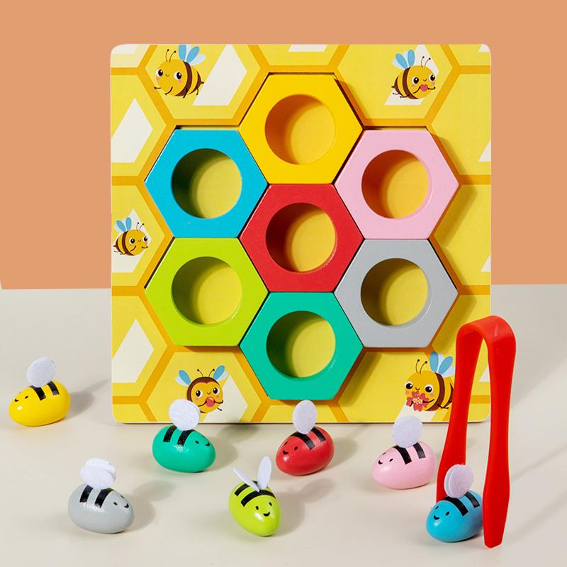Clip Beads Color Cognition Bee Trap Game Montessori Wooden Toys for Early Education Bee House Fine Motor Training Teaching Aids