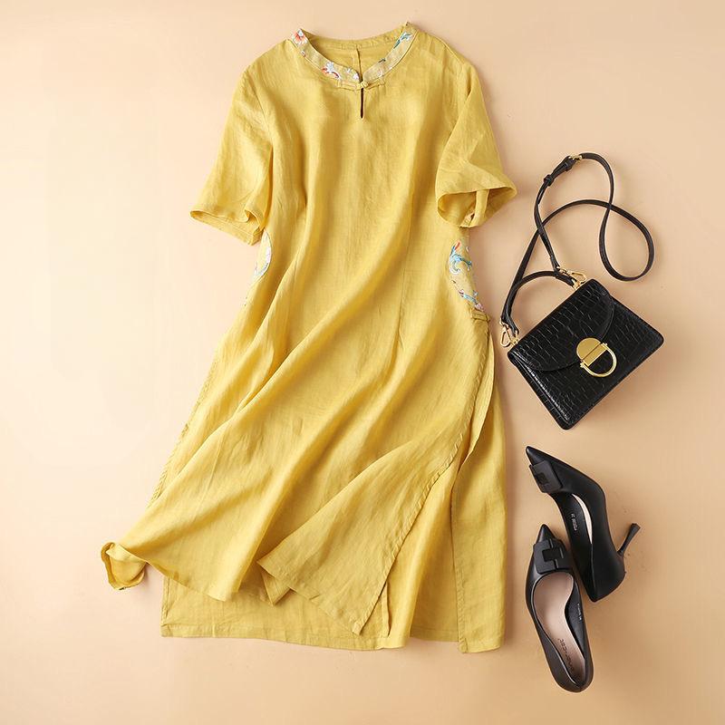 

Женское платье больших размеров из хлопка и льна, свободное, с коротким рукавом, винтажное, элегантное, повседневное, летнее XXXXL жёлтый