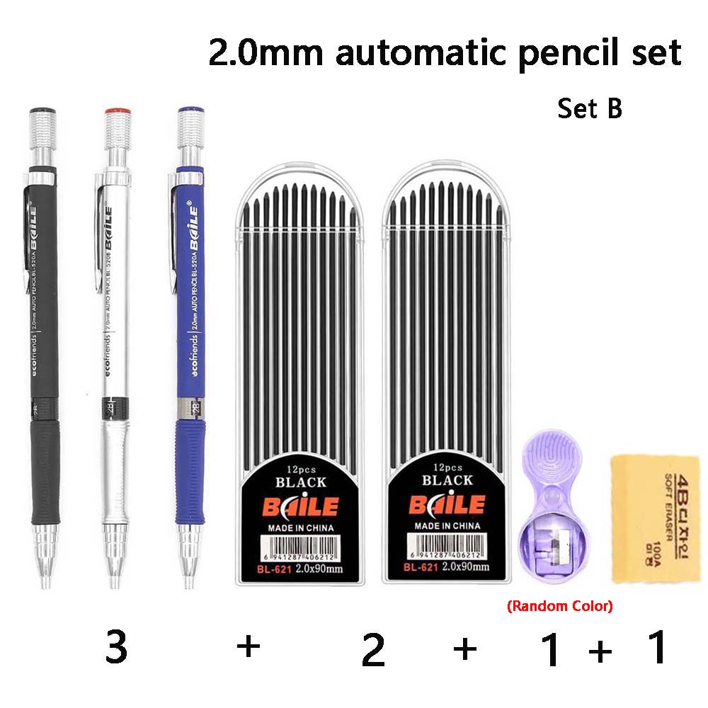 7 Pieces 2.0mm Mechanical Pencil Set with Pencil Sharpener Easy To Use, Suitable for Drawing, Office