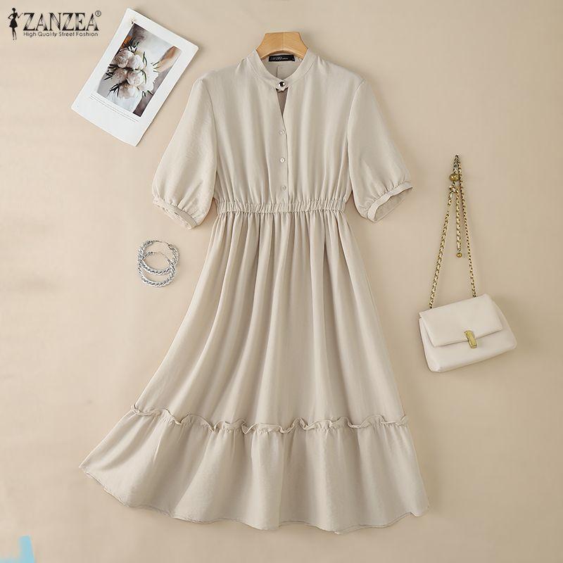 ZANZEA Women Summer Stand Collar Casual Half Sleeve Dress