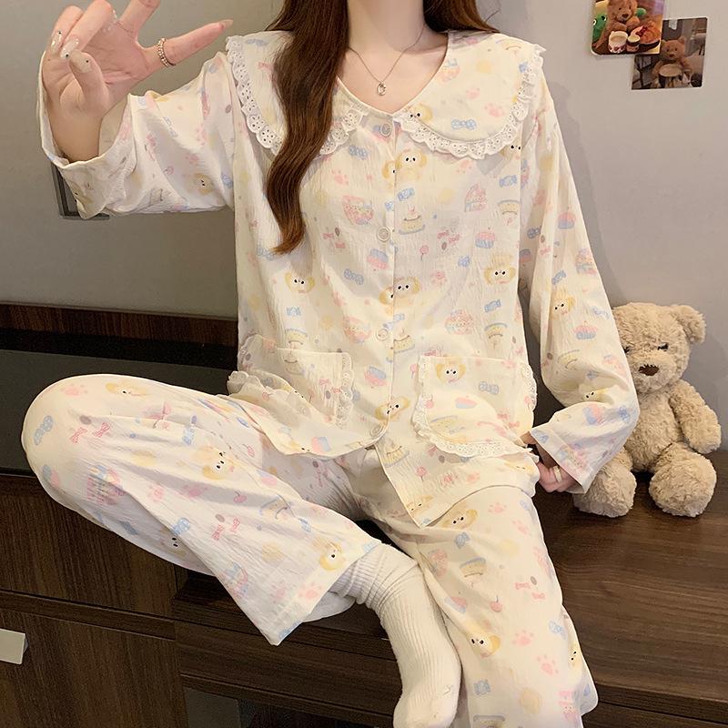 Women's Cartoon Lace Peter Pan Collar Cotton Pajamas - Long Sleeve, Spring/Fall, Winter Style