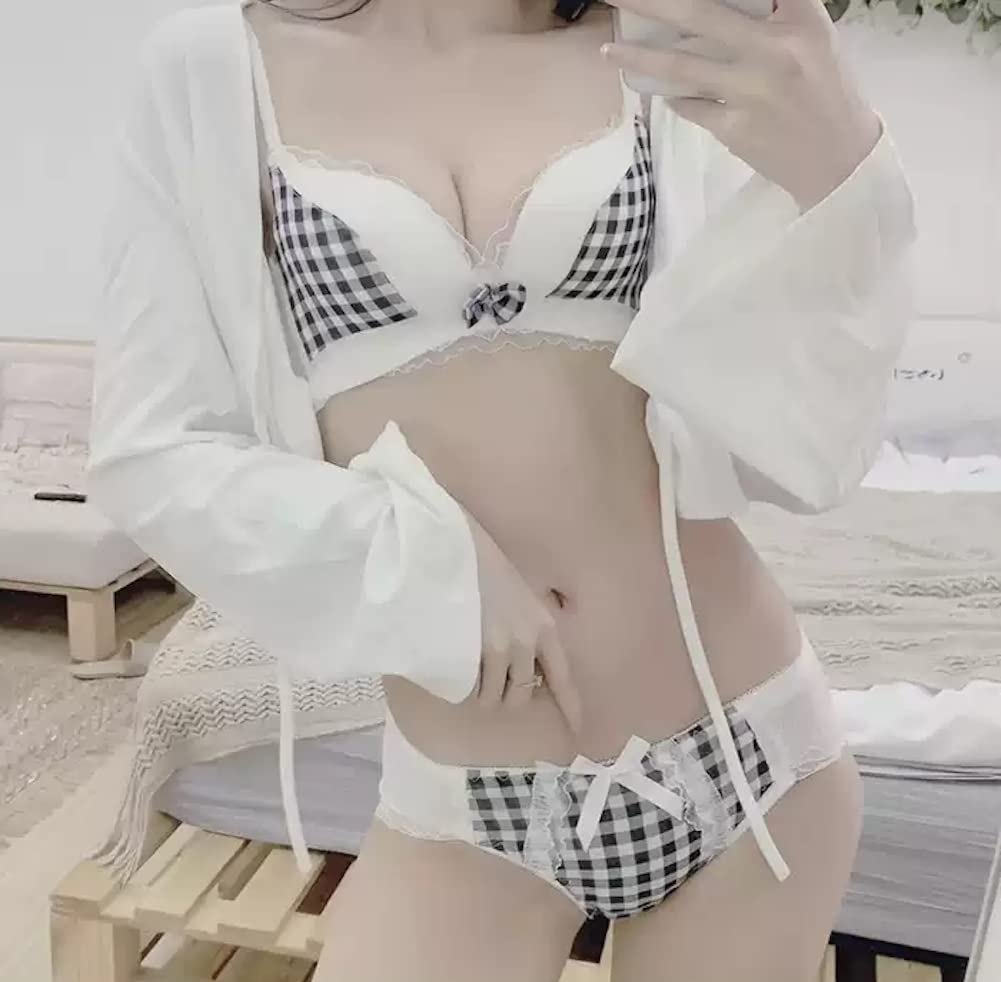 GOODS Premium Lace Checkered Bra Raku Bra [TOKYO MARKET] [PureAribon] Non-Wired (Blue, B70/L)