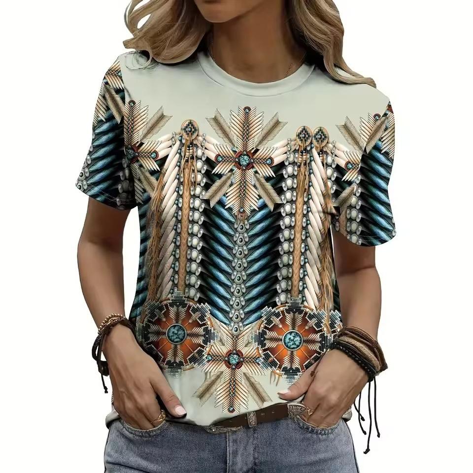 Summer Round Neck Retro Ethnic Style Pattern 3D Print Top Fashionable Casual Short Sleeved Women's T-shirts