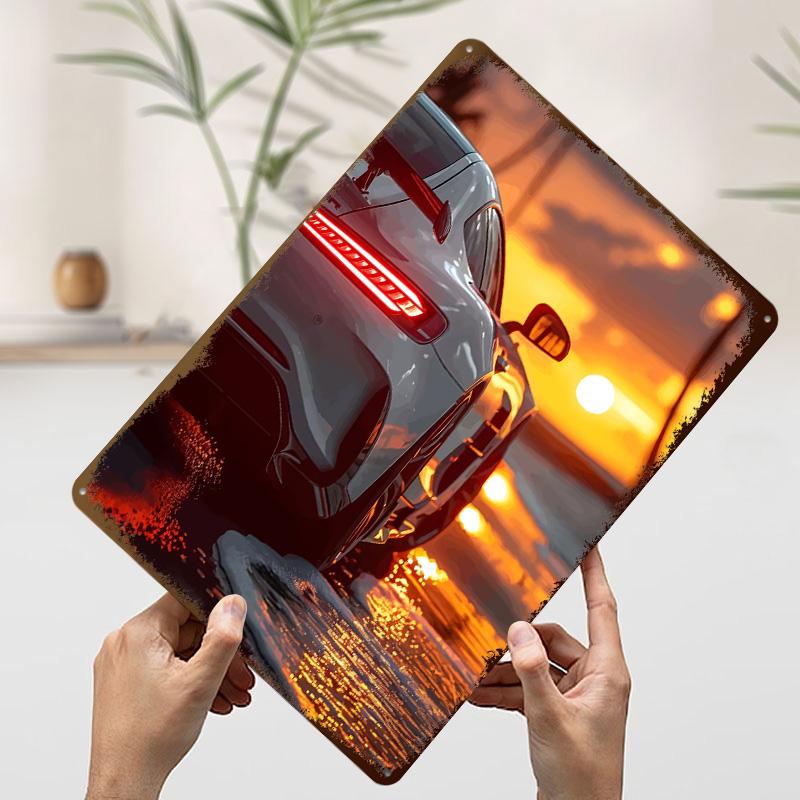 White Sports On Beach At Sunset Car Printed Poster Customized Retro Wall Art Vintage Metal Tin Signs for Home Office Decoration