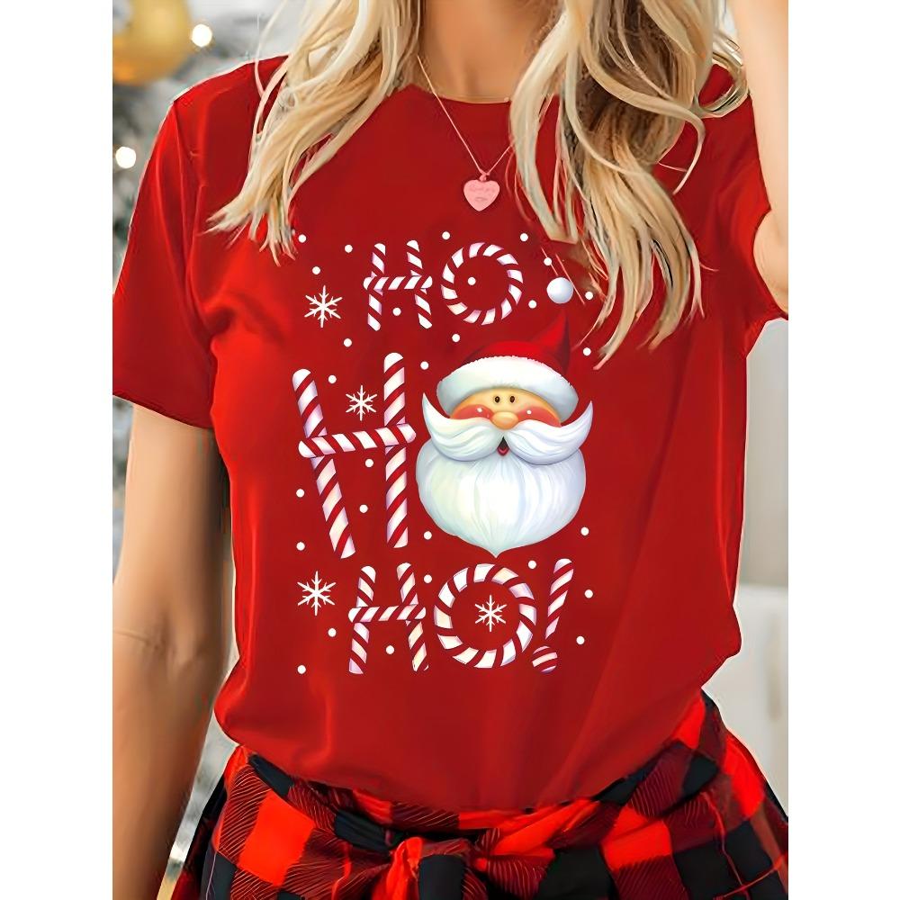 Fashion Spring and Summer New Models, Women's Crew Neck, Cartoon Santa Pattern Letter Printing Short Sleeves