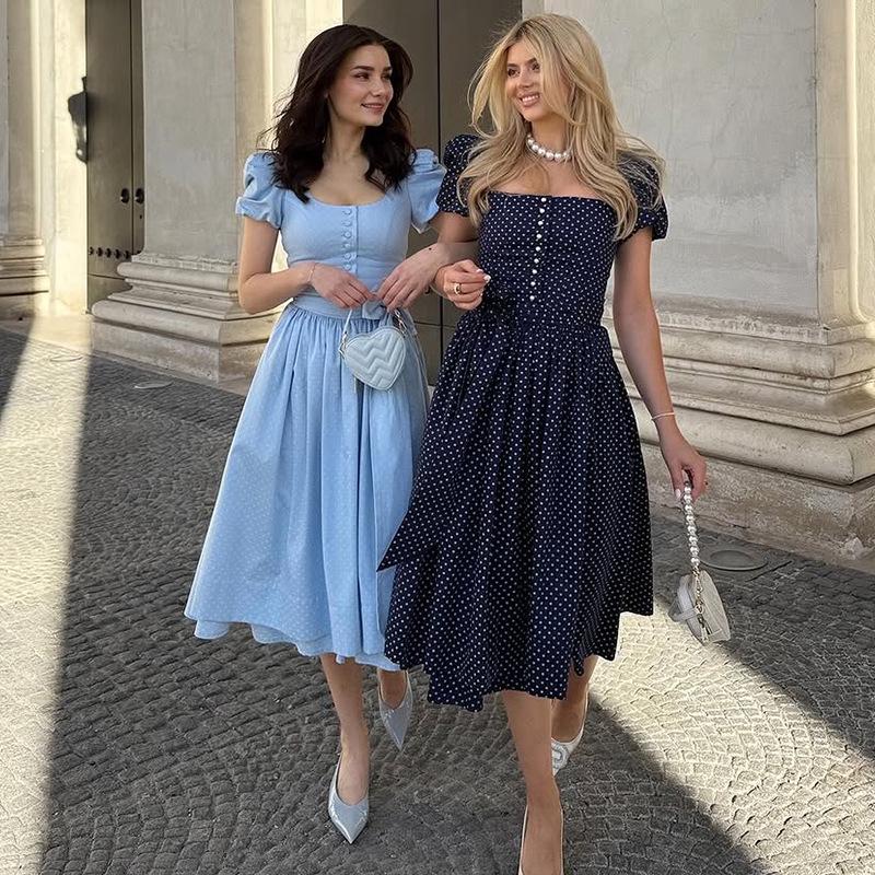 

2025 Summer Women s Polka Dot Square Neck Short Sleeve Swing Dress XL чёрный