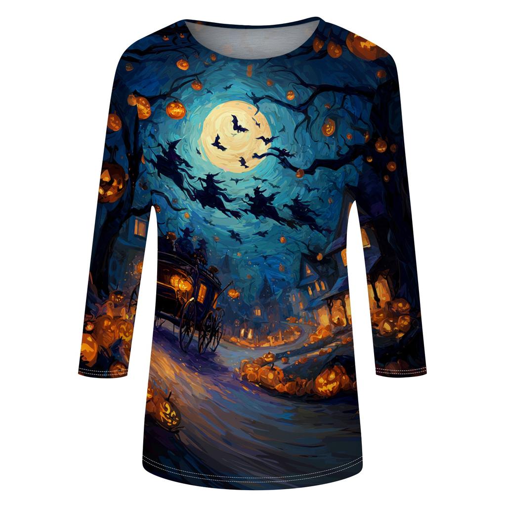 Women's Halloween Print Shirt Three Quarter Sleeve Round Neck Loose Casual Blouse T Shirt Suitable for Seasonal Wear and Everyday Use
