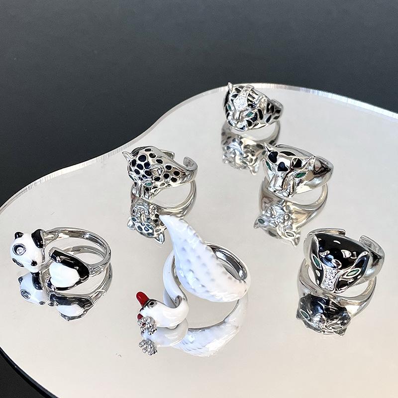 Tiger Panda Swan Open Ring Niche Design Cold Wind Jewelry Enamel Dripping Oil Index Finger Ring