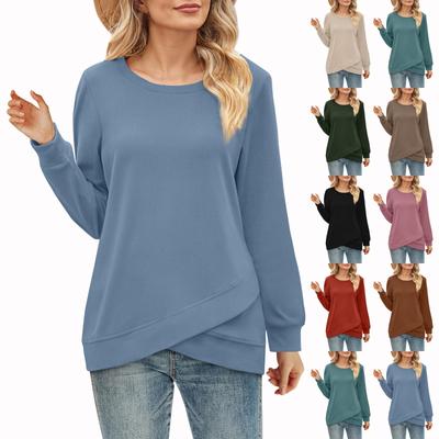 New Women's Solid Color Round Neck Sweatshirt Long Sleeve Shirt Hem Autumn Women's Tops