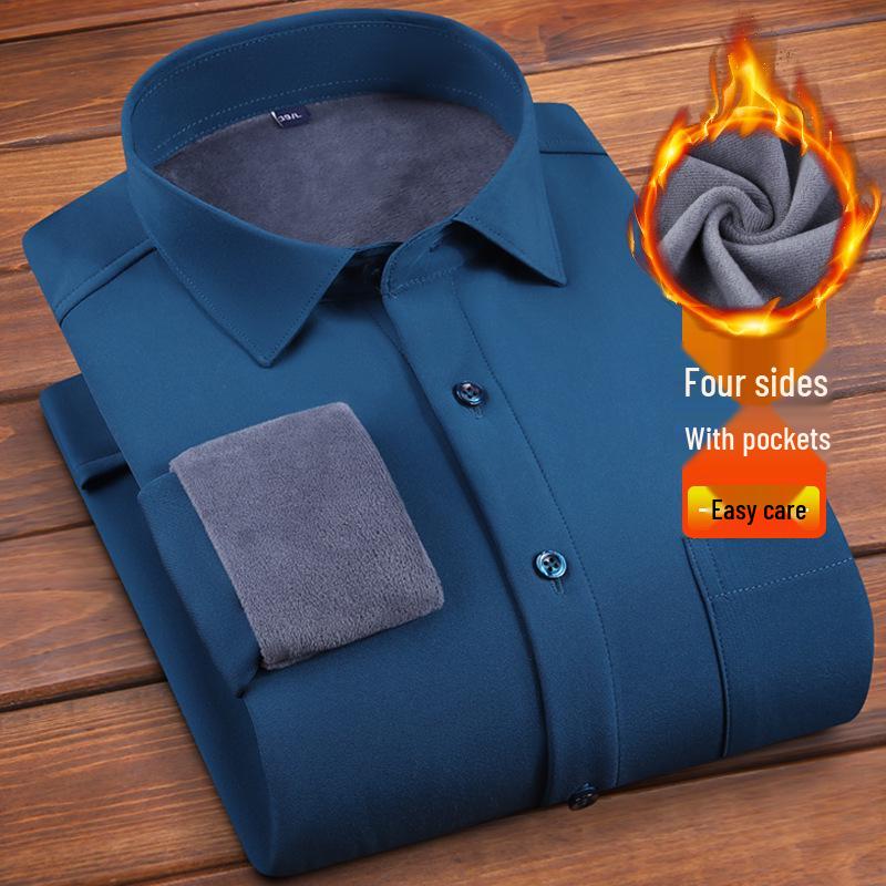 Men's Winter Plus Velvet Stretch Business Shirt - Cozy One-Piece, Solid Color, Thickened for Comfort