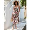 Ladies Summer Vintage Printed V Neck Spaghetti Strap Sleeveless Casual Midi Dress