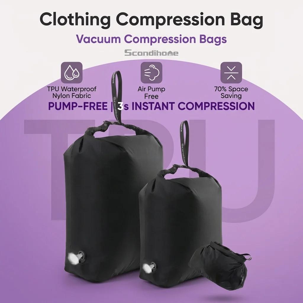 Luggage Vacuum Compression Bag Pump Free Reusable Vacuum Storage Bag 70% Space Save Waterproof Travel Clothes Sealed Packing Bag
