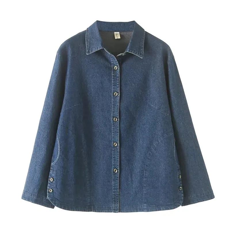 Giacca di Jeans da Donna Primaverile Taglie Forti a Maniche Lunghe Ricamo Temperamento Camicia di Jeans Comoda