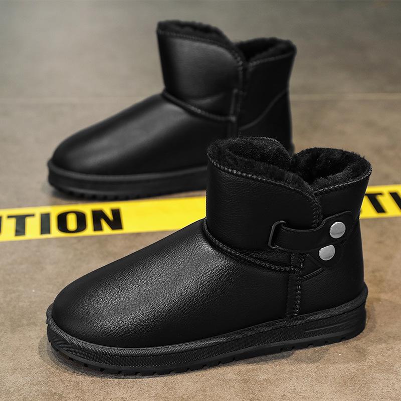 Winter Leather Waterproof Snow Boots Men's Cotton Shoes Non-slip and Warm Thickened Velvet Short Tube Thick-soled Comfortable Men's Cotton Boots