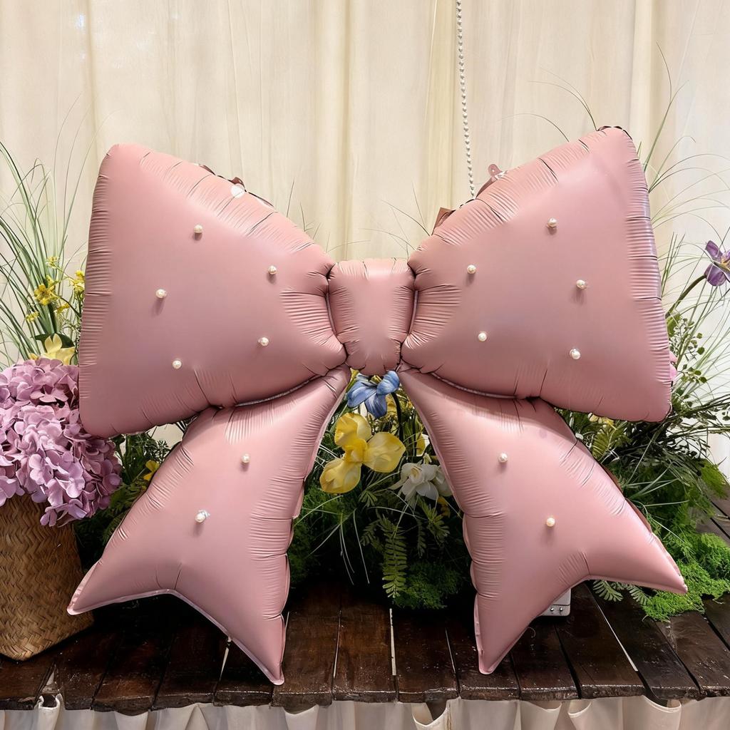 Bow Aluminum Foil Balloon Strap with Pearl Decoration for Birthday Party, Wedding Proposal, Shower Party Decoration