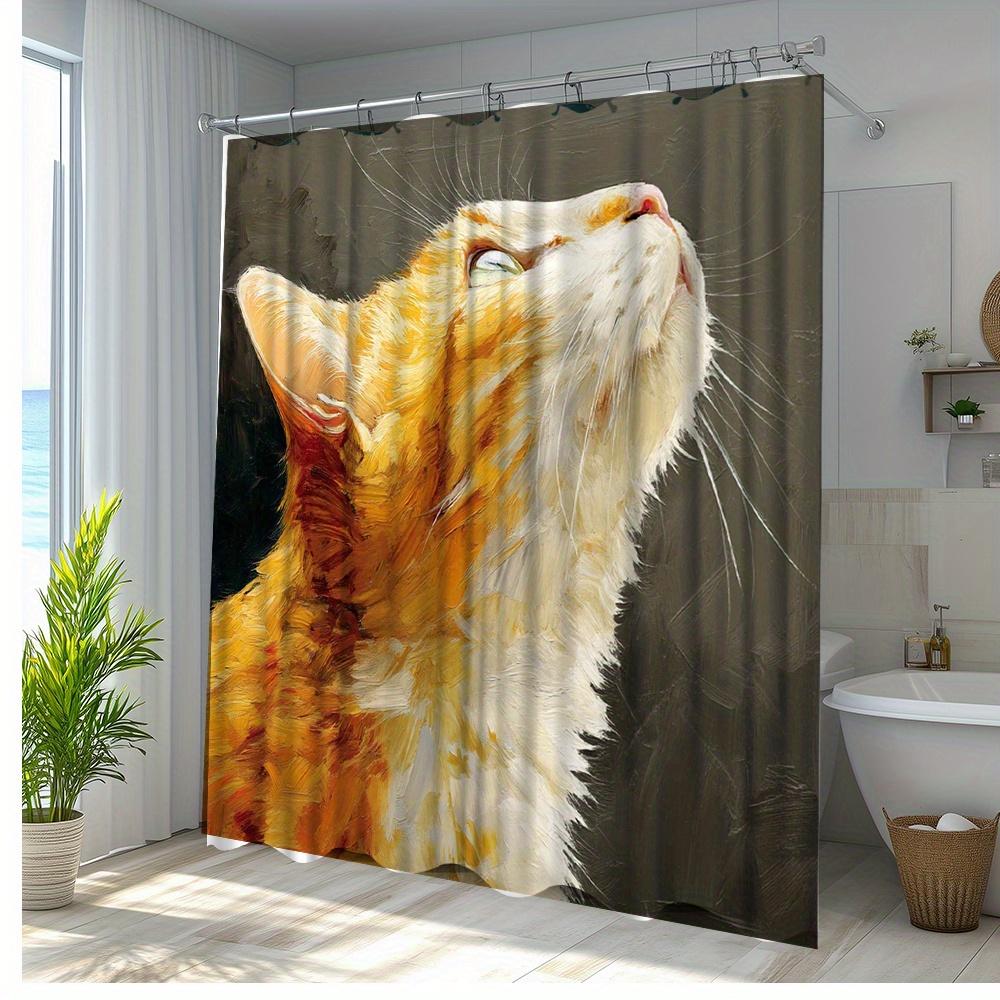 1pc Cat Oil Painting Shower Curtain - Vibrant Feline Art Bathroom Decor, Durable Polyester Fabric with 12 Hooks, 70.8x70.8 Inche