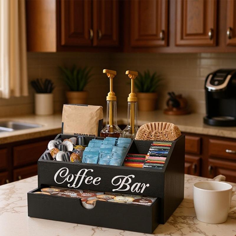 Multipurpose Wood Coffee Pods Storage Basket for Kitchen Counter Featuring Unique Carving Designs and Sturdy Mats