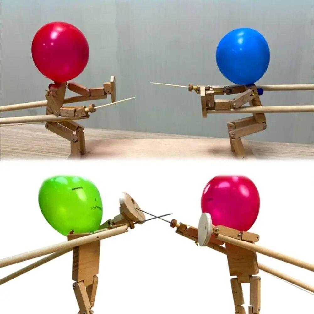New Handmade Wooden Fencing Puppets - Balloon Bamboo Man Battle, Wooden Bots Battle Game for 2 Players, Whack a Balloon Party Games
