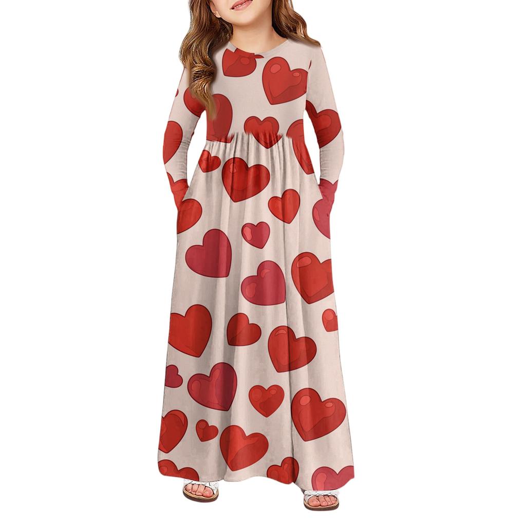 Girls' Maxi Dress - Long Sleeve Pocket Dress Valentine's Day