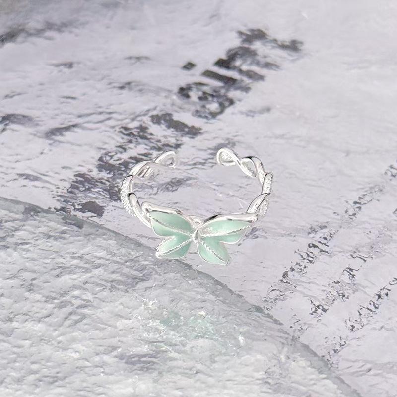 Retro Emaille Verschmiert Grau-Grün Schmetterling Personalisierbarer Öffnungsring Damen Weiß Exquisite Blume High-End Super Fee Ring