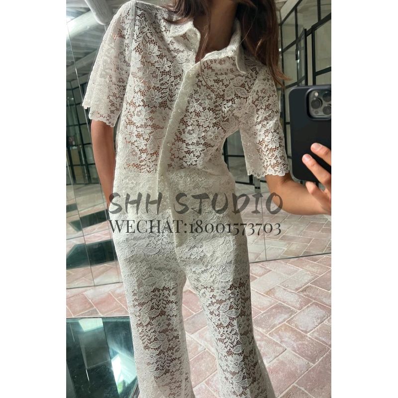 Spring New Lapel Short Sleeve Lace Short Top 3254490 High Waist Straight Ankle-length Pants 3278490