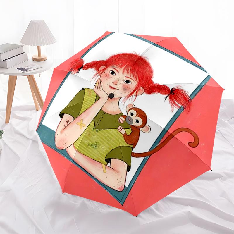 Pippi Longstocking Themed Travel Umbrella-8 Ribs Automatic Opening and Closing, Portable Folding Design, Compact and Stylish Umbrella Suitab