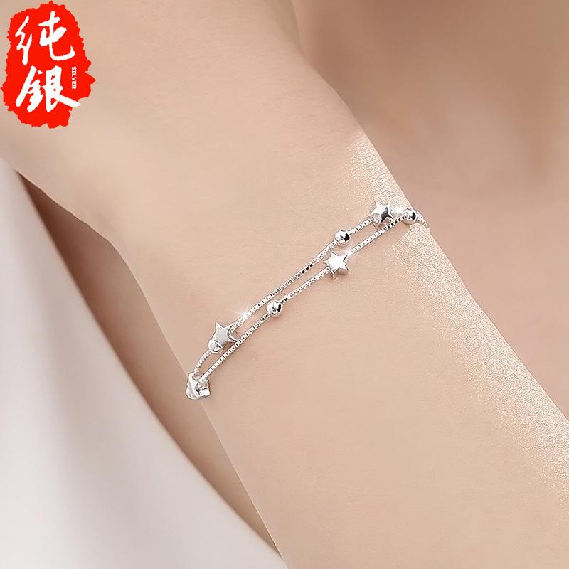 925 Sterling Silver Bead Chain Bracelets For Women Korean Sweet Double Layer Beautiful Stars Bracelets Original Jewelry Gifts
