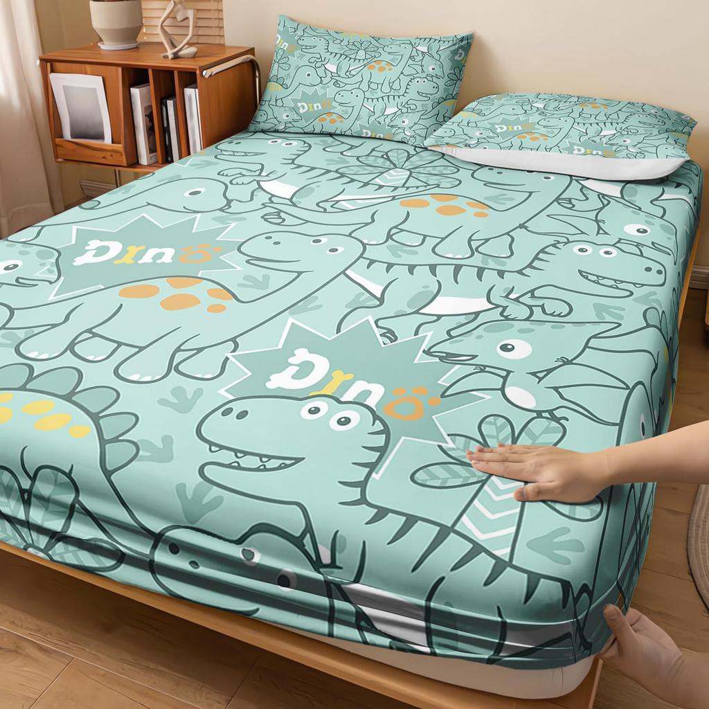 Cute Cartoon Dinosaur Racing Pattern Mattress Three-Piece Digital Printing Cute Bedding Set