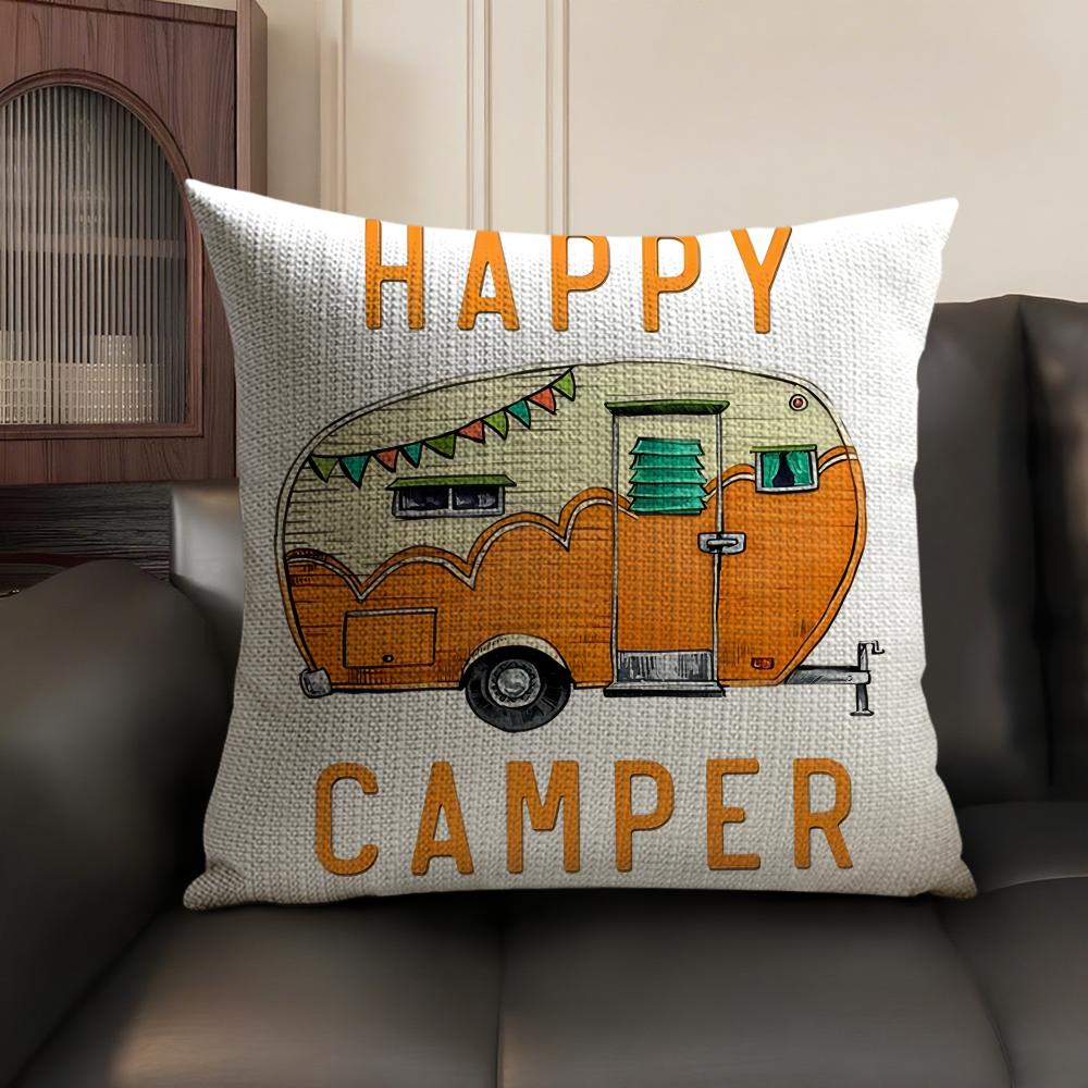 Happy Camping RV Camper Car Cushion Cover Natural Linen Organic Fabric DoubleSided Printing Sofa Home Decor Gift Pillow Case