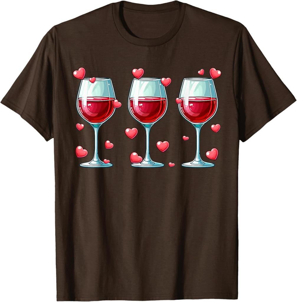 Red Wine Glasses Hearts Valentine Drinker Couple Lovers Graphic Tee Casual T-Shirt