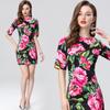 Summer Women Fashion Elegant Short Sleeve Flower Print Mini Short Office Business Pencil Dresses