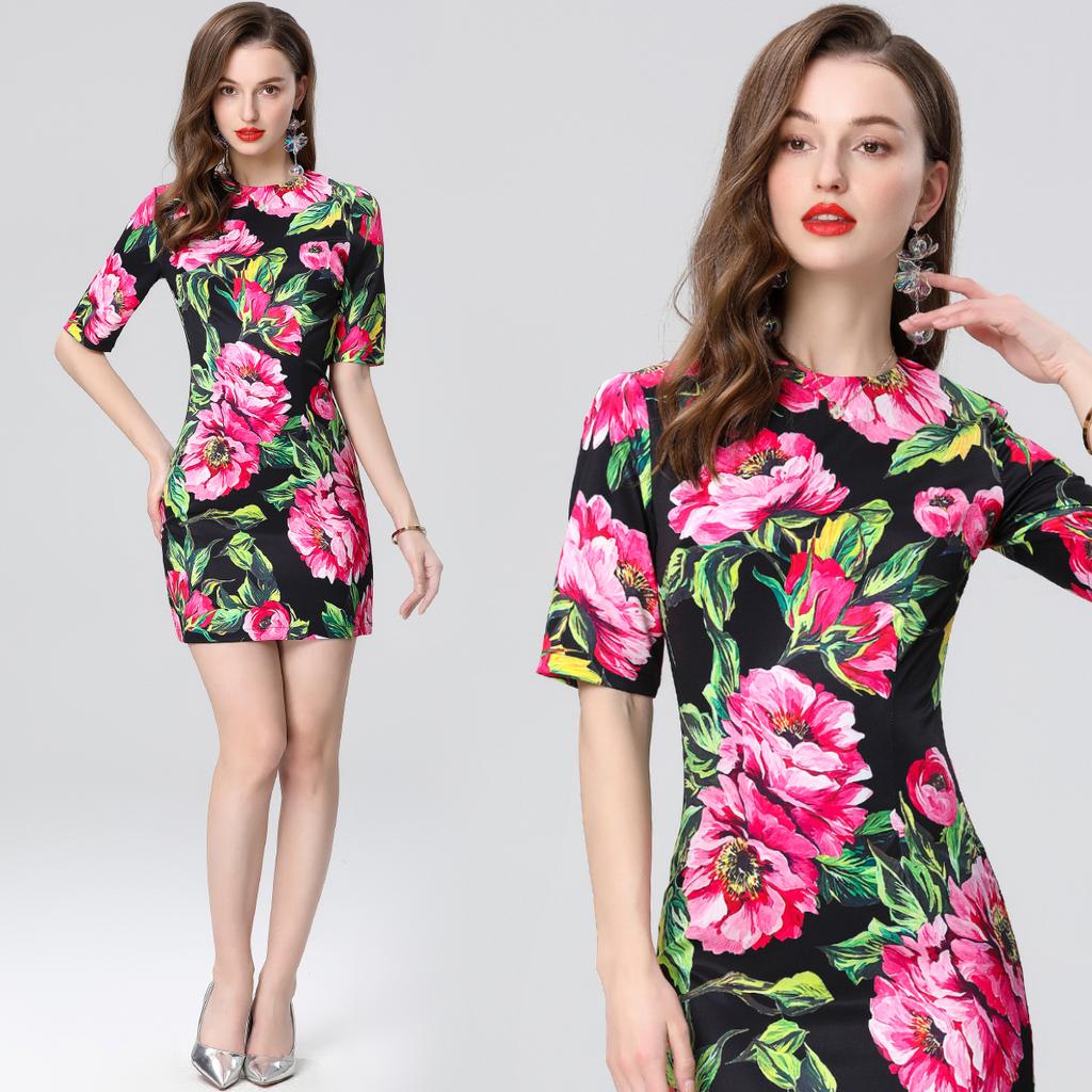 Summer Women Fashion Elegant Short Sleeve Flower Print Mini Short Office Business Pencil Dresses