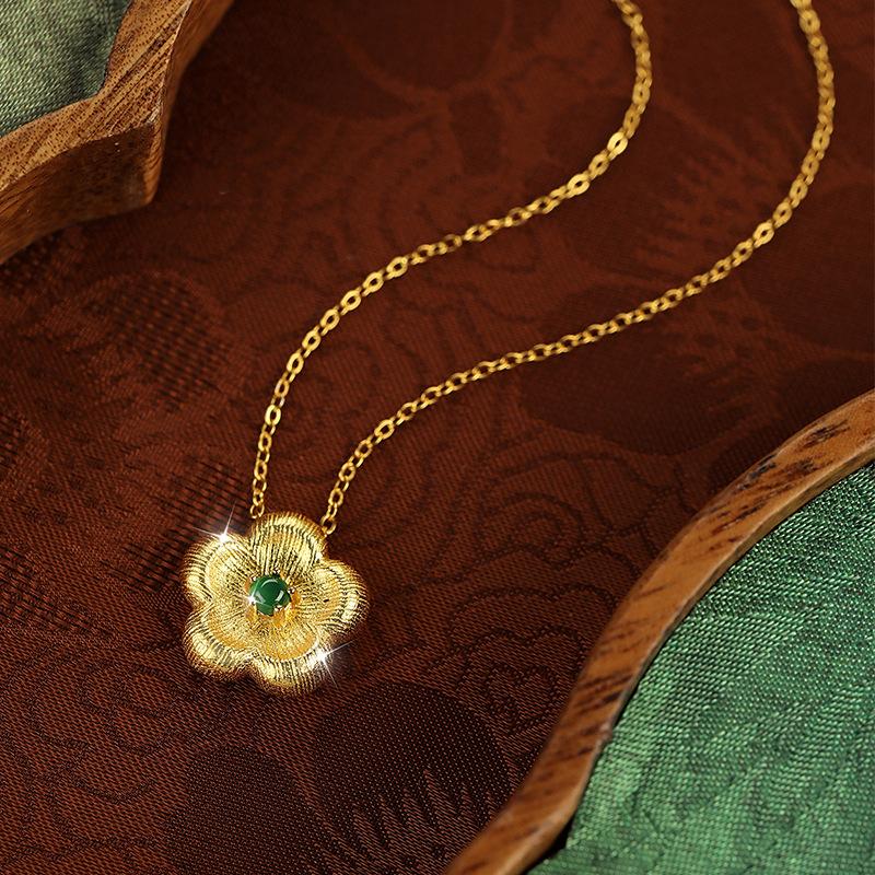 

Natural dangerous material yang green jadeite flower pendant brushed process S925 sterling silver non-fading necklace daily jewelry gift 925 silver
