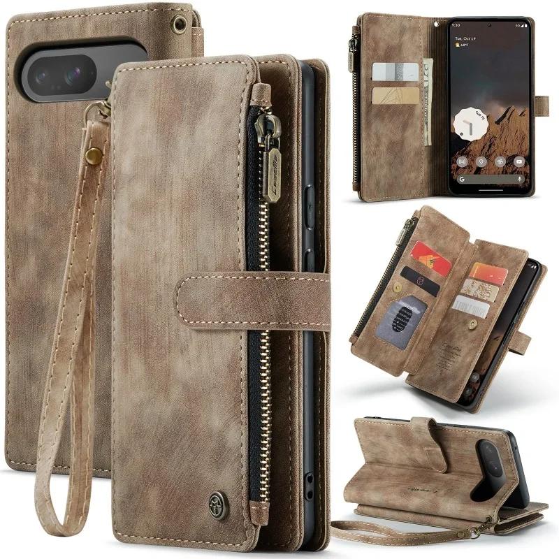 Zipper Leather Flip Phone Case for Google Pixel 10 9 Pro XL 9A 8 8A 7A 5G Pixel10 Pixel9A Wallet Lanyard Card Purse Cover Etui