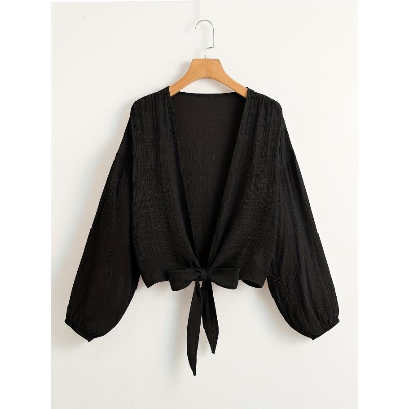 Women s White V-Neck Tie-Front Long Sleeve Cropped Cover-Up Top S чёрный