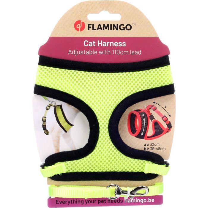 Harnais pour chat - FLAMINGO - Jaune fluo - Nylon respirant - Taille ajustable - Laisse incluse