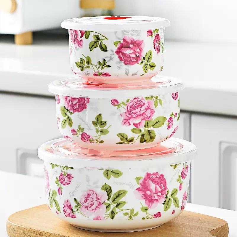 Three-piece Set, Bone China Food Container, Ceramic Salad Bowl, Lunch Box , Kitchen Ceramic Bowl Sets, Porcelain Mixing Bowl