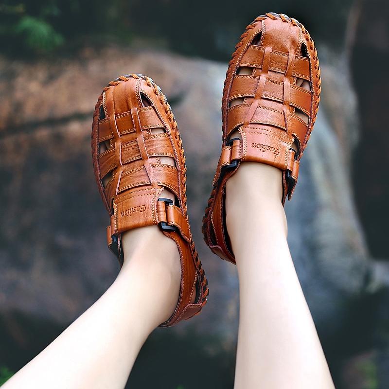 Men Outdoor Hiking Sandals Black Leather Closed Toe Yellow Beach Shoes Wide Handmade Sandals Plus Size for Father