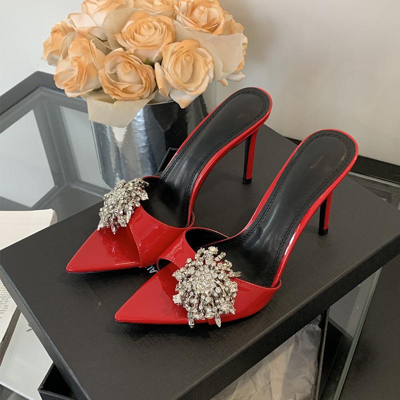 

2025 Spring and Autumn New Fashion Versatile Pointed Rhinestone One-word Strap Sandals Women s Fashion Thin Heel Open-toed High Heel 39