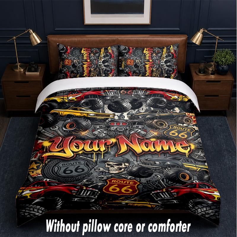 Monster Truck Theme Custom Text Or Name 3Pcs Bedding Set,1 Flat Sheet & 2 Pillowcases Personalized Home Bedding