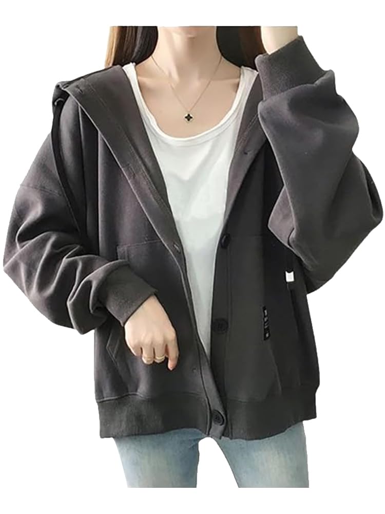 Wnodruke Lightweight Casual Hoodie with Loose and WN050 Dark Women's Buttons, Fit, Spring, Autumn, Winter, (JP, Alphabet, XL, Gray)